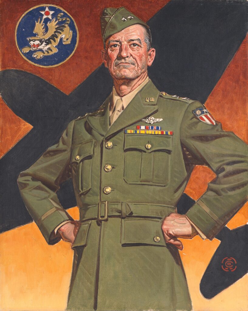 Solider standing with his hand on his hips in front of an orange background with airplane flying diagonal across the painting. War Bond promotional portrait