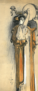 sketch of woman in a orange and white dress